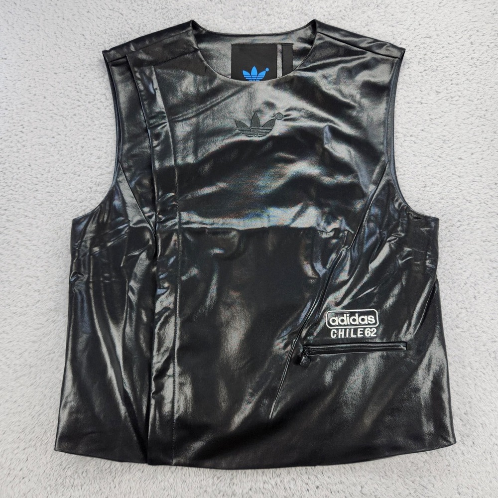 Adidas Chile 62 Vest Womens Large Black Blue Version Faux Leather Snap NEW
